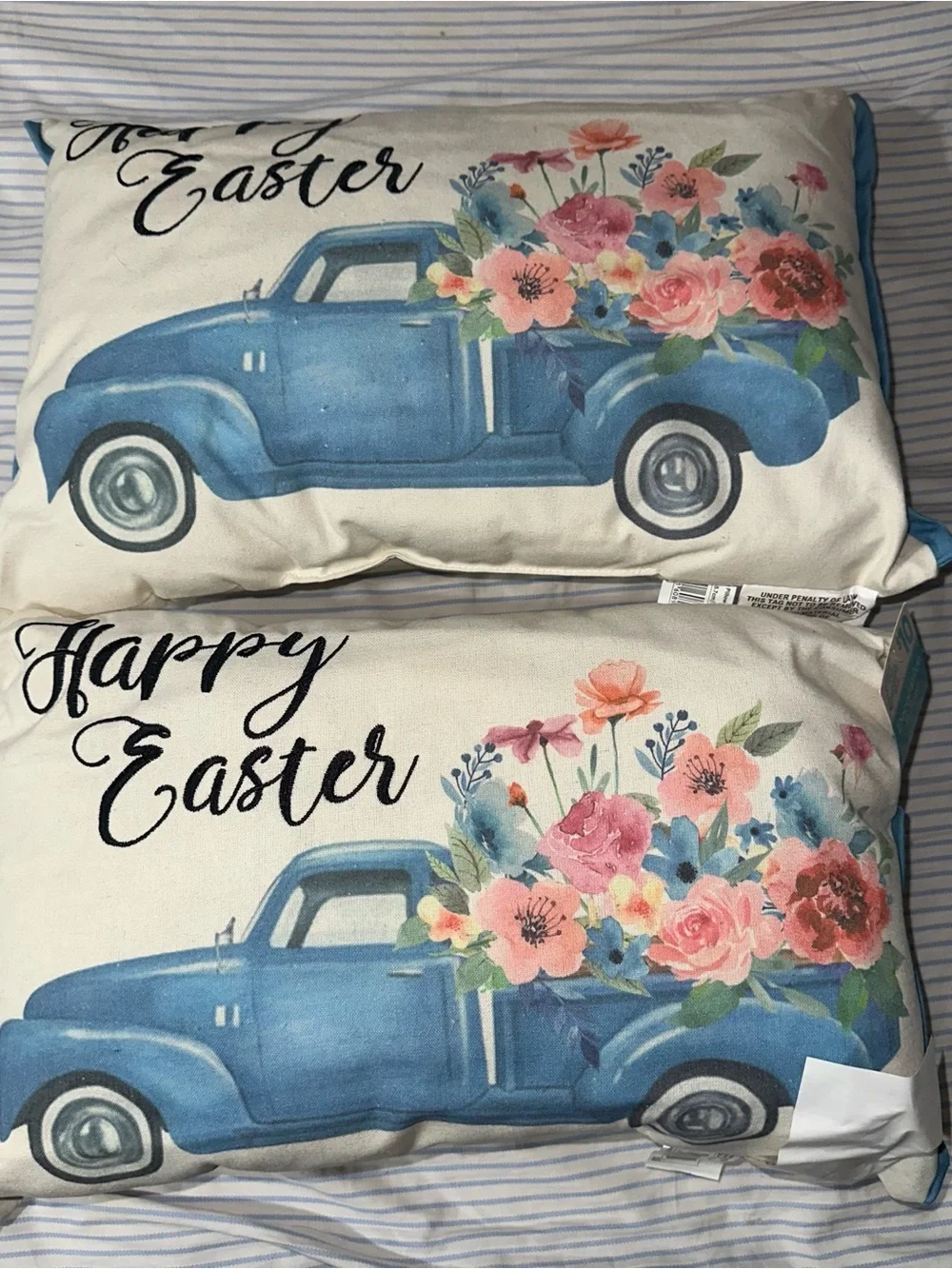 Happy Easter Blue Floral Truck Decorative Pillow Cover - Set of 2